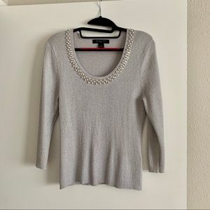 August Silk Silver Knit Pearl Bead Embellished 3/4 Sleeve Top